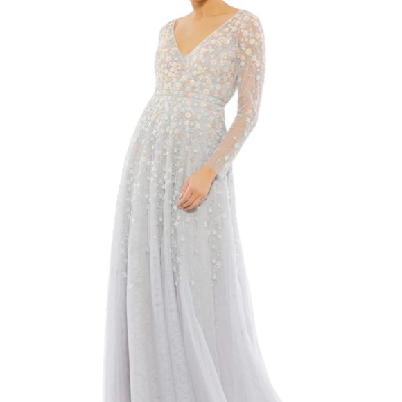 MAC DUGGAL 9131 FLORAL APPLIQUE LONG SLEEVE SURPLICE PLATINUM GOWN SZ 14 - Picture 1 of 6